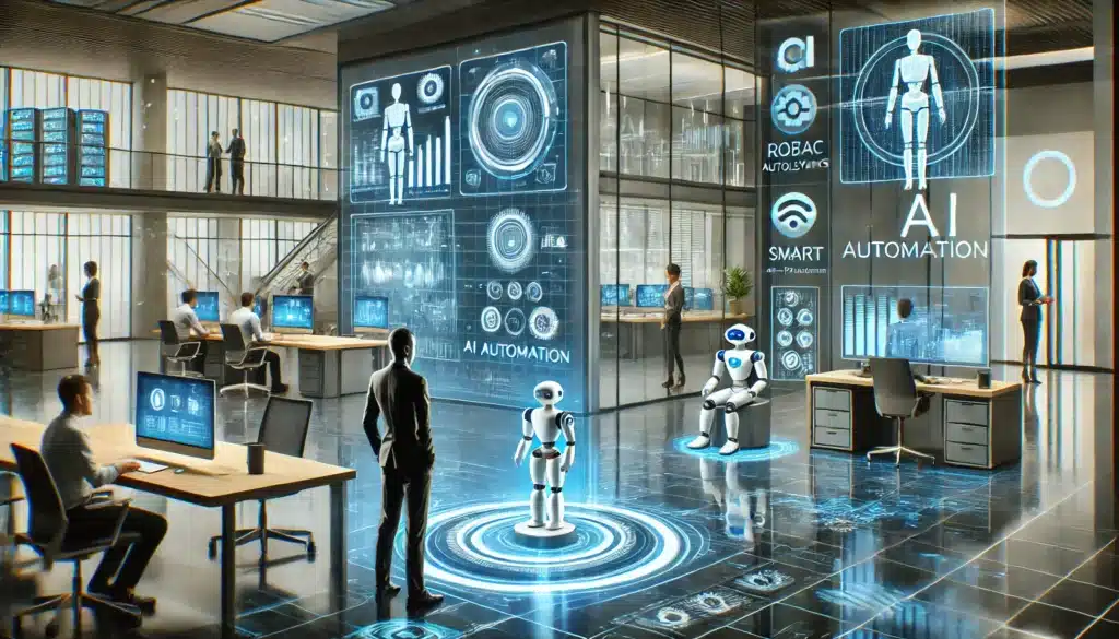 High-tech office with AI automation, holographic data screens, and robotic assistants enhancing business efficiency.